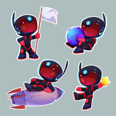 Poster - Sticker pack, set of kid astronaut in space cartoon vector illustration. Isolated spaceman on rocket, hold planet isolated. Cute black robot with white flag and star. Funny rpg galaxy asset design.