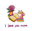 Vector illustration in rainbow colorful colors with text I love you mom. Cup of coffee or tea, cake, book, flower, hearts. Vector beautiful cartoon card design 