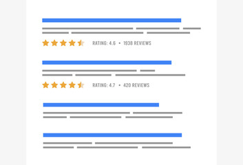 Poster - Review snippets - colorful yellow star rating feature displayed on search engine results page SERP, based on customer reviews of website. Review snippets can increase online visibility and user trust