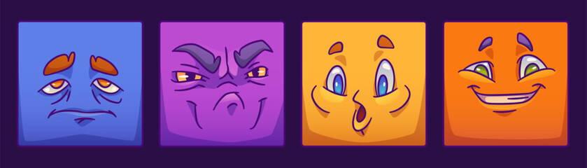 Wall Mural - Set of square monster face for player avatar in game. Cartoon emotion expression on stickers in vector. Funny alien character clipart collection with happy, angry and upset or sad mood, eyes and brows