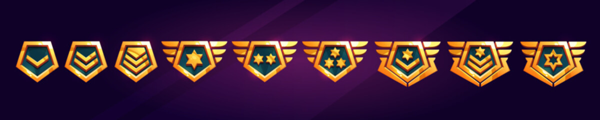 Aufkleber - cartoon set of game rank badge isolated on background. vector illustration of shiny golden pentagona