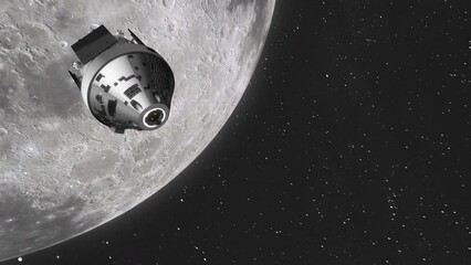 Wall Mural - Orion Artemis Capsule Leaving Moon Towards Camera to Reveal Earth Destination with Milky Way Galaxy Background - 3D Space Animation 4K