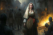 A young lady, considered a witch in medieval times, is standing in front of a burning village, ready to use her powers to defeat the sources of evil and the enemy soldiers who burn and turture people