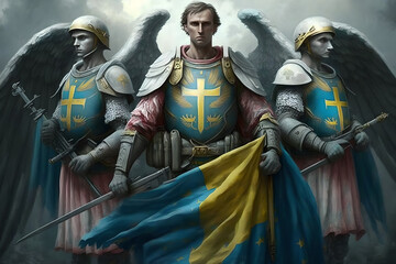 A heroic ukrainian soldier with wings superpowered angel is here to fight for ukraine and kill and destroy the russian invasion, fantasy and hope, portrait