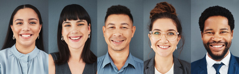 Poster - Collage, portrait and face of business people with smile, professional group and headshot on studio background. Diversity, employees and composite of happy corporate teamwork, global company or trust