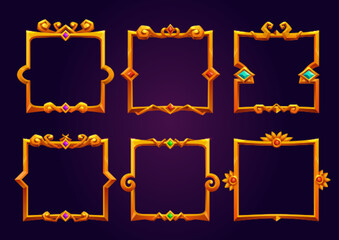 Poster - Cartoon set of golden square game frames isolated on background. Vector illustration of fancy medieval borders with cast iron ornaments and precious gemstones. Symbol of royal rank. Gui elements