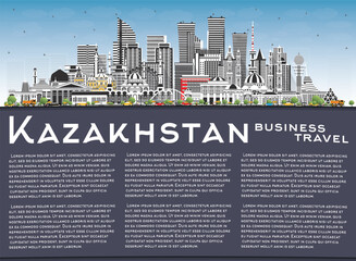 Fototapete - Kazakhstan City Skyline with Gray Buildings, Blue Sky and Copy Space. Vector Illustration. Concept with Modern Architecture.
