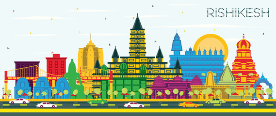 Wall Mural - Rishikesh India City Skyline with Color Buildings and Blue Sky. Vector Illustration. Rishikesh Cityscape with Landmarks.