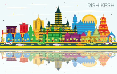 Wall Mural - Rishikesh India City Skyline with Color Buildings, Blue Sky and Reflections. Vector Illustration. Rishikesh Cityscape with Landmarks.