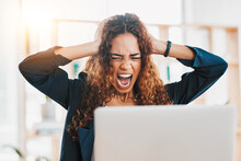 Screaming, Mad And Angry Businesswoman On Laptop At Desk, Crazy Office And 404 Technology Glitch. Frustrated Worker, Stress And Shouting At Computer For Crisis, Mistake And Anger At Internet Problem