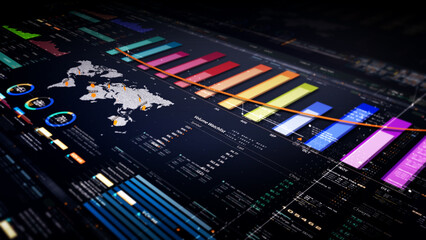 Aufkleber - Business stock market, trading, info graphic with animated graphs, charts and data numbers insight analysis to be shown on monitor display screen for business meeting mock up theme