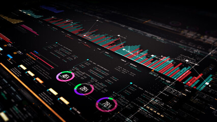 Aufkleber - Business stock market, trading, info graphic with animated graphs, charts and data numbers insight analysis to be shown on monitor display screen for business meeting mock up theme