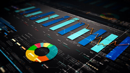 Leinwandbilder - Business stock market, trading, info graphic with animated graphs, charts and data numbers insight analysis to be shown on monitor display screen for business meeting mock up theme