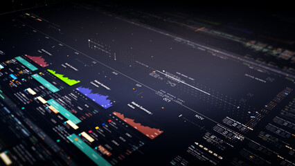 Aufkleber - Business stock market, trading, info graphic with animated graphs, charts and data numbers insight analysis to be shown on monitor display screen for business meeting mock up theme