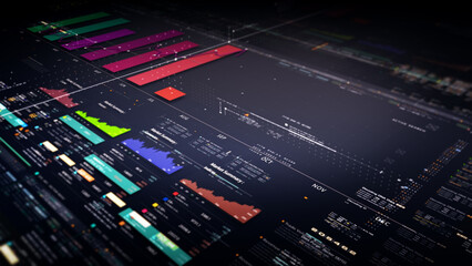 Aufkleber - Business stock market, trading, info graphic with animated graphs, charts and data numbers insight analysis to be shown on monitor display screen for business meeting mock up theme