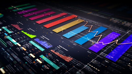 Aufkleber - Business stock market, trading, info graphic with animated graphs, charts and data numbers insight analysis to be shown on monitor display screen for business meeting mock up theme