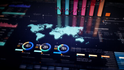 Fototapete - Business stock market, trading, info graphic with animated graphs, charts and data numbers insight analysis to be shown on monitor display screen for business meeting mock up theme