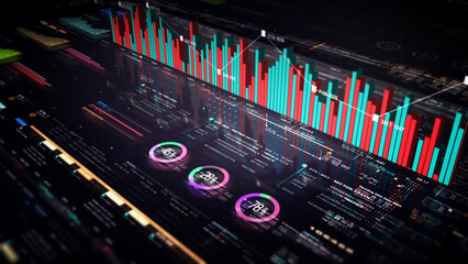 Fototapete - Business stock market, trading, info graphic with animated graphs, charts and data numbers insight analysis to be shown on monitor display screen for business meeting mock up theme