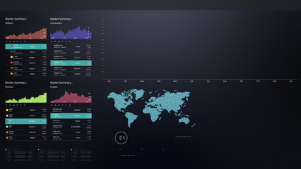 Fototapete - Business stock market, trading, info graphic with animated graphs, charts and data numbers insight analysis to be shown on monitor display screen for business meeting mock up theme