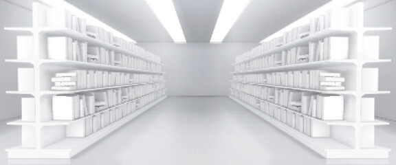 realistic library aisle mockup. vector illustration of abstract white shop interior with many books 