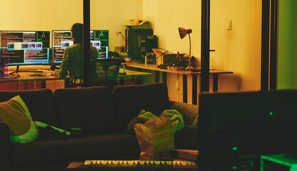 Leinwandbilder - Developer, back or computer screen in neon programming, cybersecurity ransomware or SEO night phishing in basement. Hacker, programmer or woman on technology coding for dark software, iot bug or scam