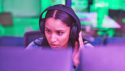 Leinwandbilder - Developer, computer or headphones in neon programming for iot coding, night SEO thinking or code cybersecurity. Programmer, woman or desktop technology with music, radio or podcast for strategy ideas