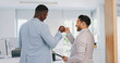 © Nicholas F/peopleimages.com - Fist bump, team building or men walking in office building with sales mission, business goals or motivation to work. Partnership, morning or happy employees with support, trust or vision for success