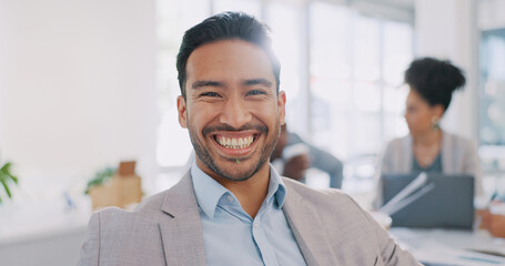 Poster - Happy, face or man in meeting with goals, vision or mission for career success in corporate business office. Portrait, leadership or Asian worker smiles with pride for planning a development project