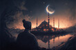 A muslim is ready to face the blessed month of ramadan with the night background of the illuminated mosque and the crescent moon. Generative ai