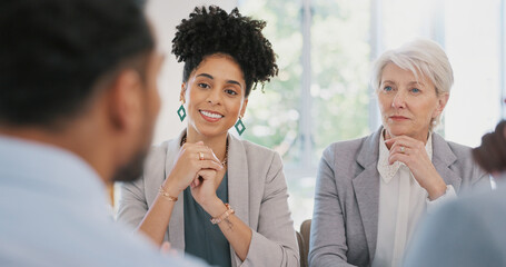 Wall Mural - Business people, teamwork and discussion in meeting in office boardroom. Company, planning and group collaboration of employees brainstorming sales, advertising or marketing strategy in workplace.