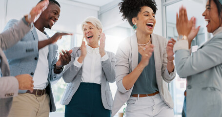 Poster - High five, team and support with business people and success, celebrate winning and solidarity with teamwork. Diversity, celebration and collaboration with happy employee group, applause and winner.