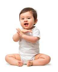 Wall Mural - Cute baby in white onesie on white background