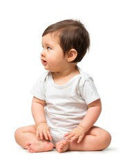 Wall Mural - Cute baby in white onesie on white background