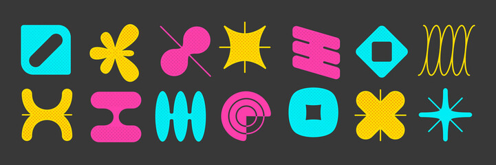 Poster - set of colorful brutalism shapes isolated on black background. vector illustration of abstract flowe