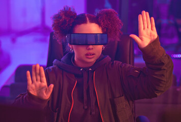 Poster - Virtual reality glasses, hands and black woman in metaverse for futuristic gaming in purple room. Gamer person with ar tech for 3d, vr and cyber world experience streaming online digital fantasy game