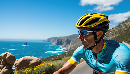 Cyclist with helmet and blue and yellow jerseys. Background of the coast and the sea. generate by ai