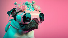 Fairy Kei Style Pug Dog Wearing A VR Headset And Experiencing Virtual Reality Simulation, Metaverse And Cyberspace.