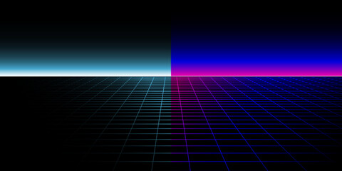 Poster - red and blue neon grid floor background