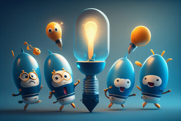 Wall Mural - 3D cartoon character cute flying light bulb is like a rocket. Creative concept idea, Business startup and business growth concept, image ai midjourney generate