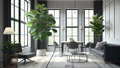 Wall Mural - Modern design living room and dining room with fiddle leaf fig tree. Generative ai