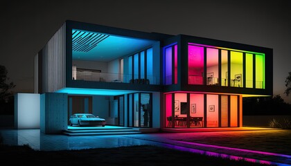 Wall Mural - Modern villa with colored led lights at night. Generative ai