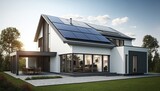 Fototapeta Londyn - Solar panels on the roof of a beautiful modern home. Generative ai