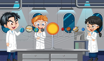 Wall Mural - kids considering solar system model