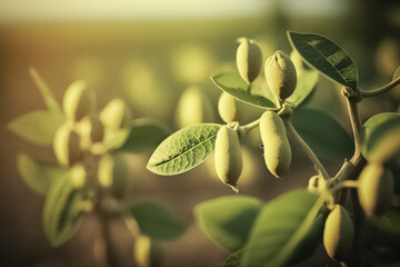 Wall Mural - Stems of young green soybean plants in the period of active growth with immature pods. Selective focus. Young soybean pods in a soybean field on a sunny day. generative ai