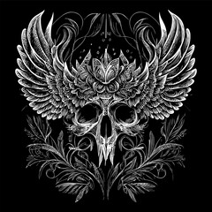 Wall Mural - this illustration depicts a skull head with intricately detailed feathers extending into wings. the 