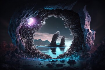 Aufkleber - View from the cave to the starry sky.Beautiful magical, fantastic illustration. Mysterious magic. AI