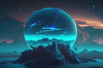 Poster - A fantastic ball with a mountain and a moon.Beautiful magical, fantastic illustration. Mysterious magic. AI