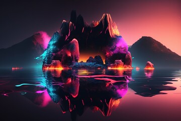 Poster - Rocks with colored glow.Beautiful magical, fantastic illustration. Mysterious magic. AI
