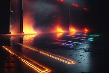 Poster - Asphalt, road with neon lighting.Beautiful magical, fantastic illustration. Mysterious magic. AI