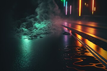 Poster - Asphalt, road with neon lighting.Beautiful magical, fantastic illustration. Mysterious magic. AI